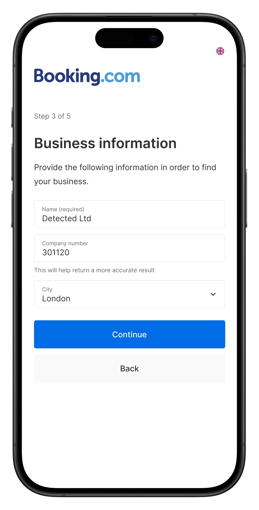 Booking.com: Business information on a phone