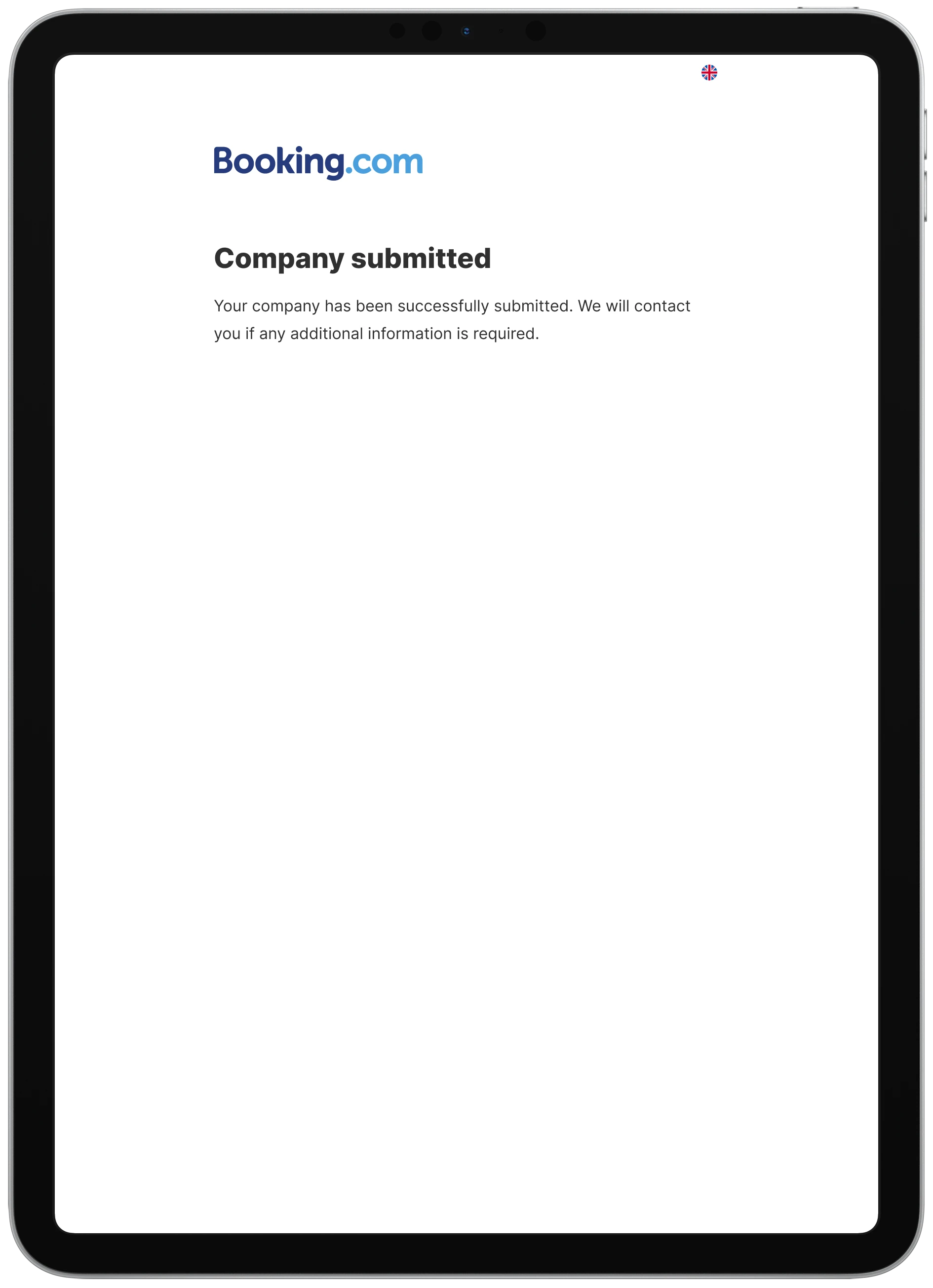 Booking.com: Company submission confirmation on a tablet