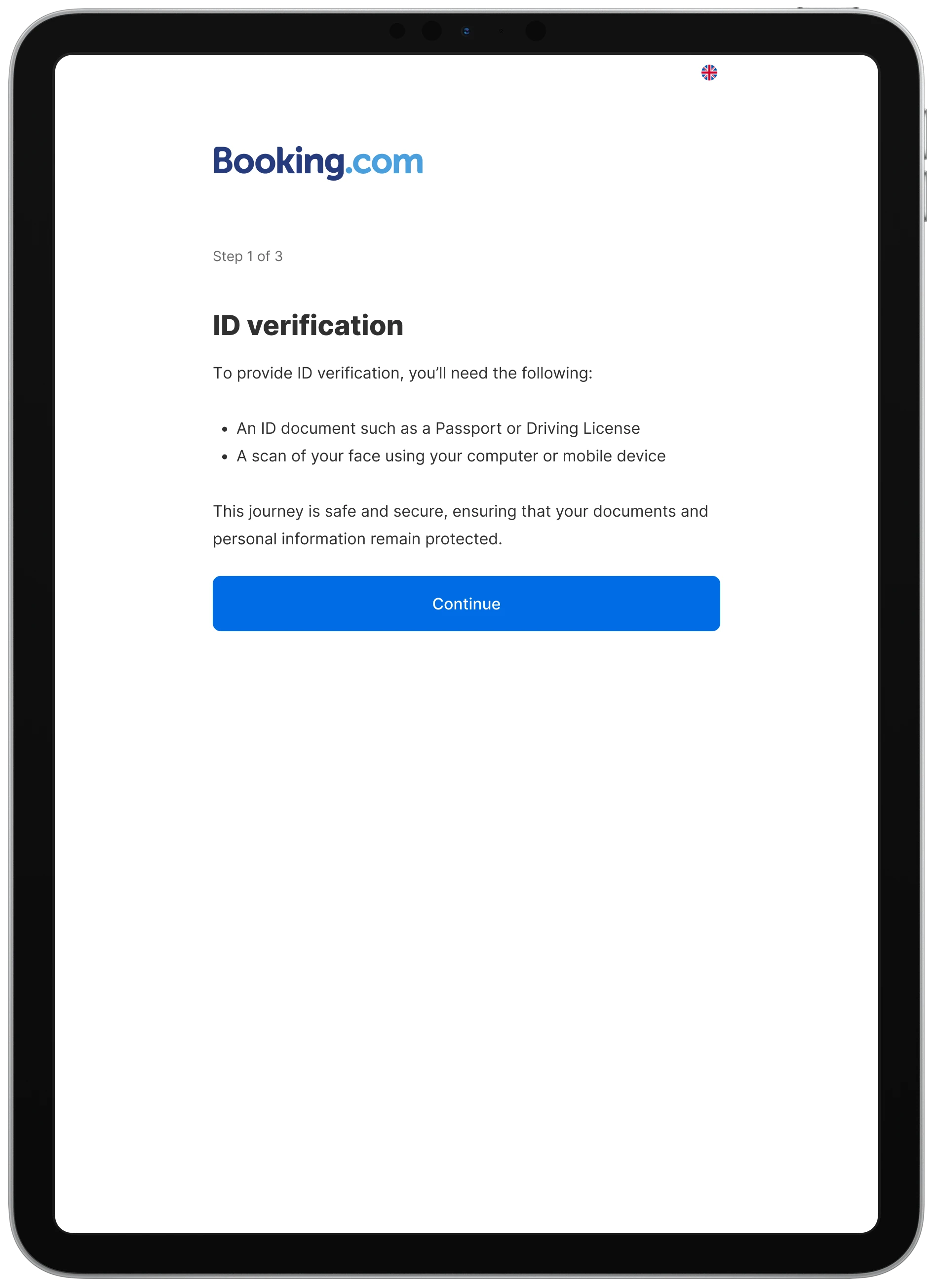 Booking.com: Identity verification introduction on a tablet