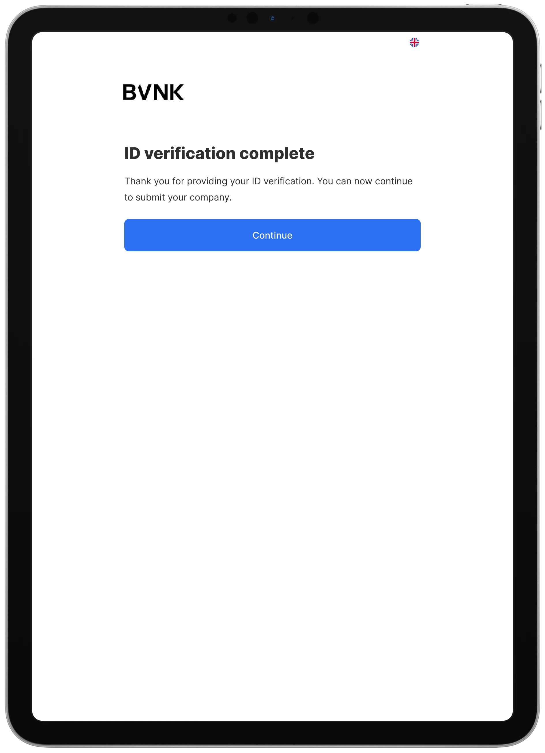BVNK: Identity verification completed on a tablet