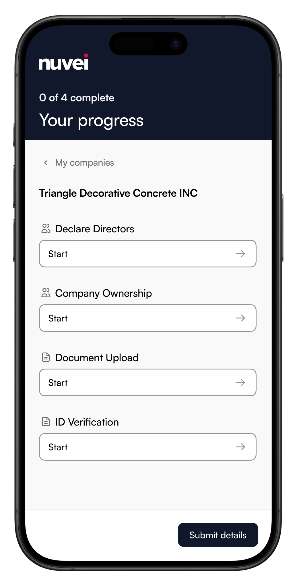 Nuvei: Onboarding tasks and progress on a phone
