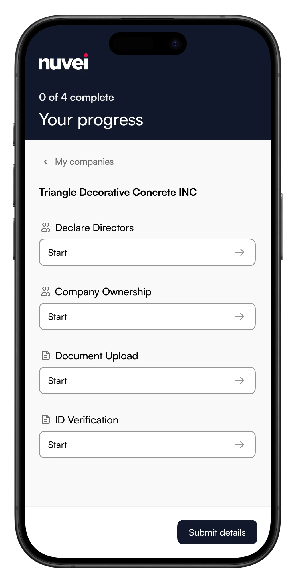 Nuvei: Onboarding tasks and progress on a phone