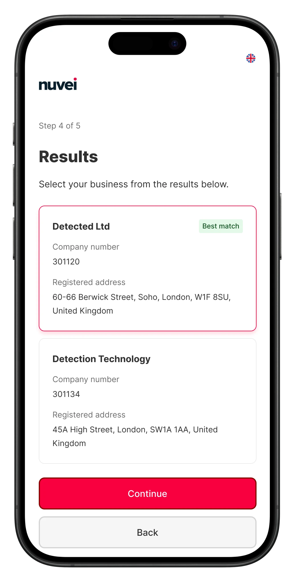 Nuvei: Company search results on a phone
