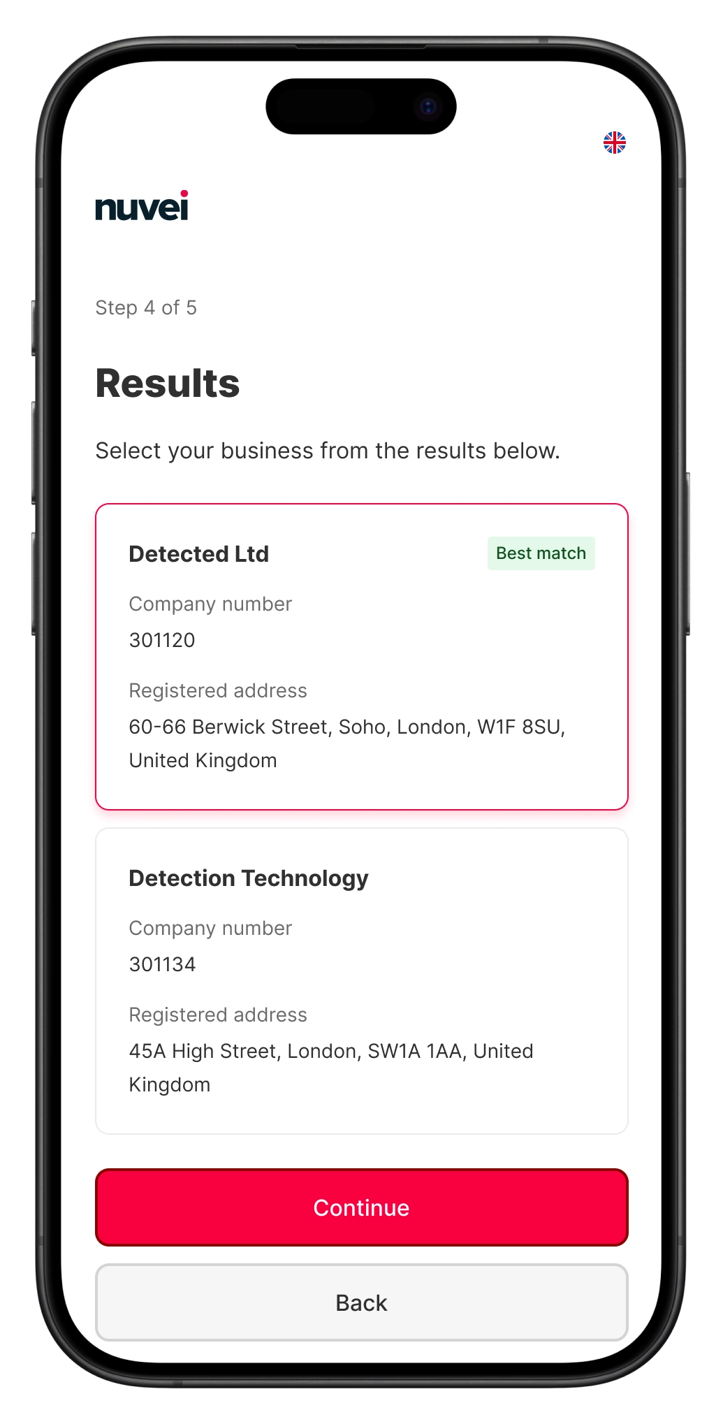 Nuvei: Company search results on a phone