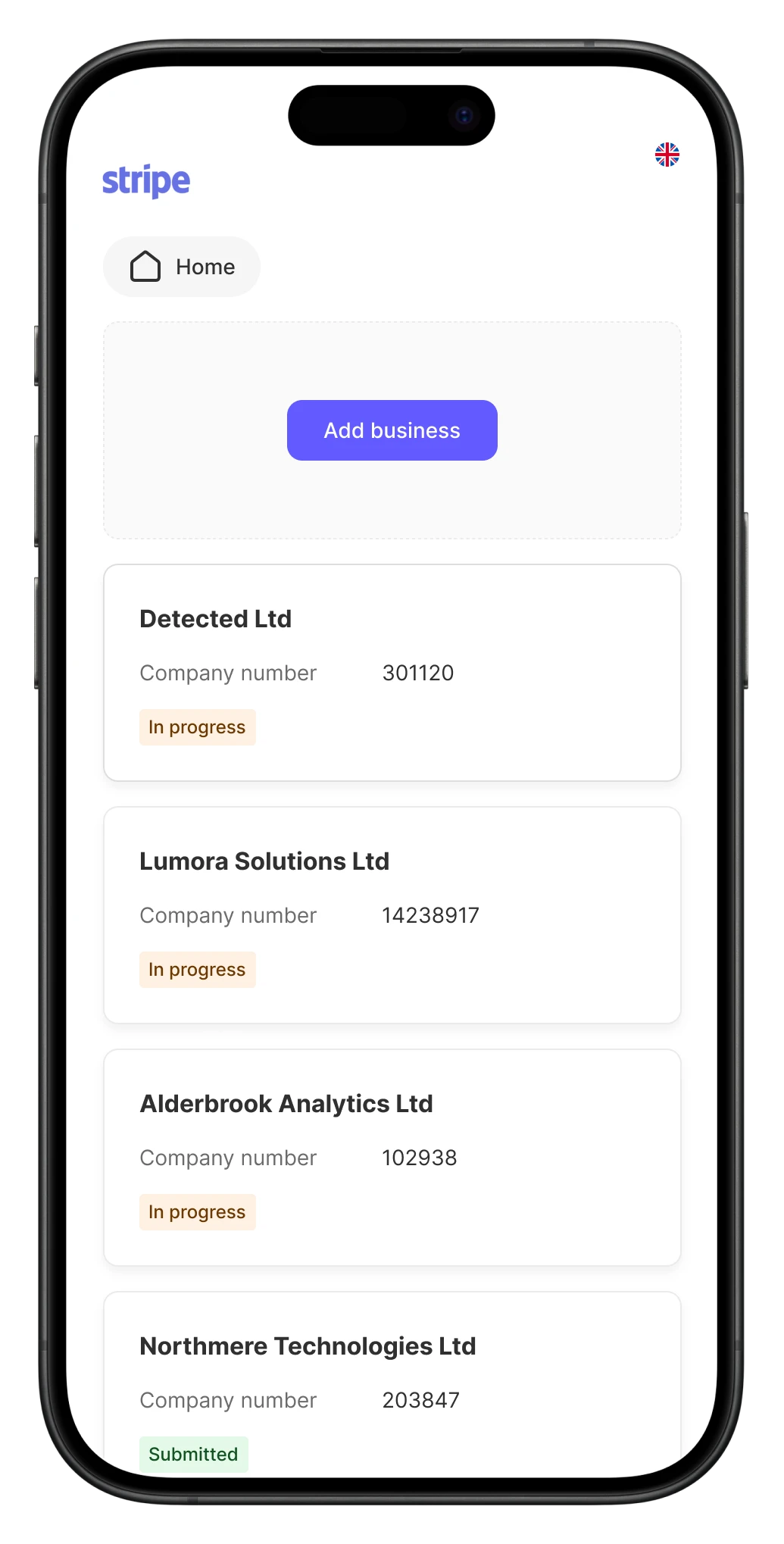 Stripe: Business selection and submission statuses on a phone