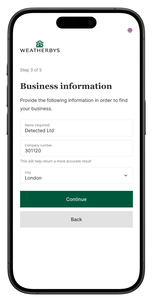 Weatherbys-branded customer onboarding: the business information step